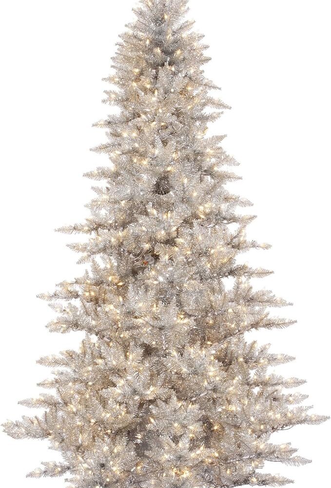 Vickerman 9' x 64'' Silver Tinsel Fir Artificial Christmas Tree, 1000 Warm White Dura-lit LED Lights - Faux Silver Christmas Tree - Seasonal Indoor Home Decor