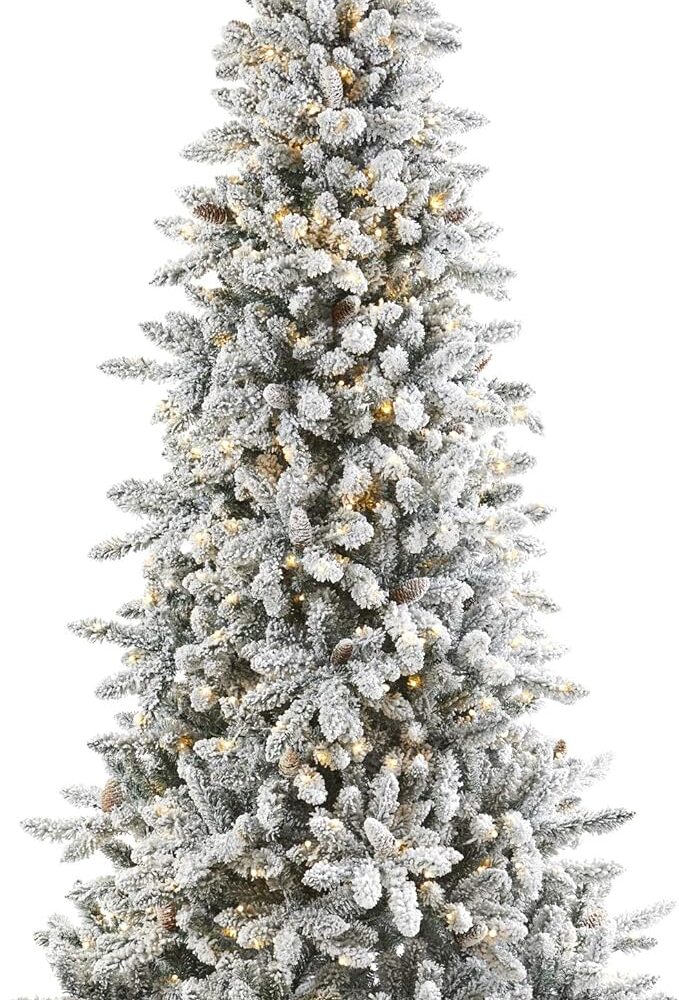 Nearly Natural 7.5ft. Flocked Livingston Fir Artificial Christmas Tree with Pine Cones and 500 Clear Warm LED Lights